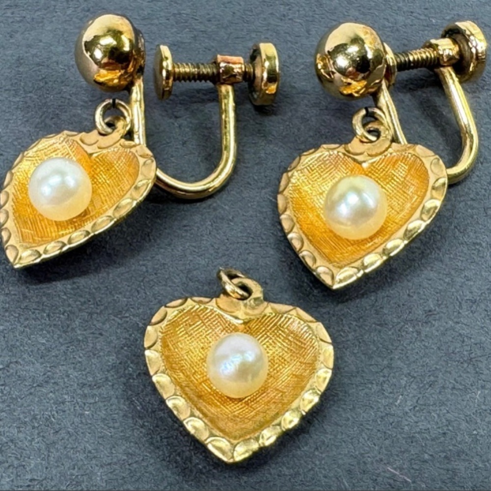 Vintage 12K gold filled faux pearl heart screw earrings + miniature pendant.